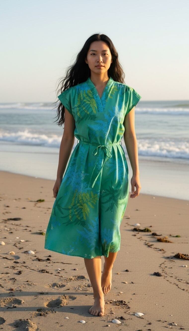 VTG '60s Andrade Polinesian Casuals floral shift dress Green FERN XL Tiki Mod